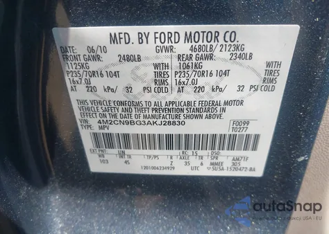 2010 Mercury Mariner из США, поврежденный, VIN 4M2CN9BG3AKJ28830